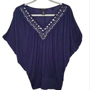 White House Black Market Blue V Neck Bead Embellished Blouse Sleeveless Size XS